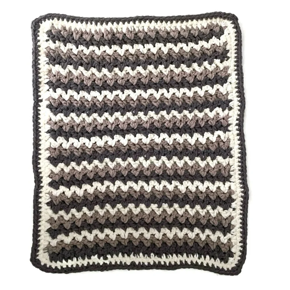NEW Handmade Crochet Blanket Baby Pet Soft Cuddly Gray Cream Neutral, 30” x 25”